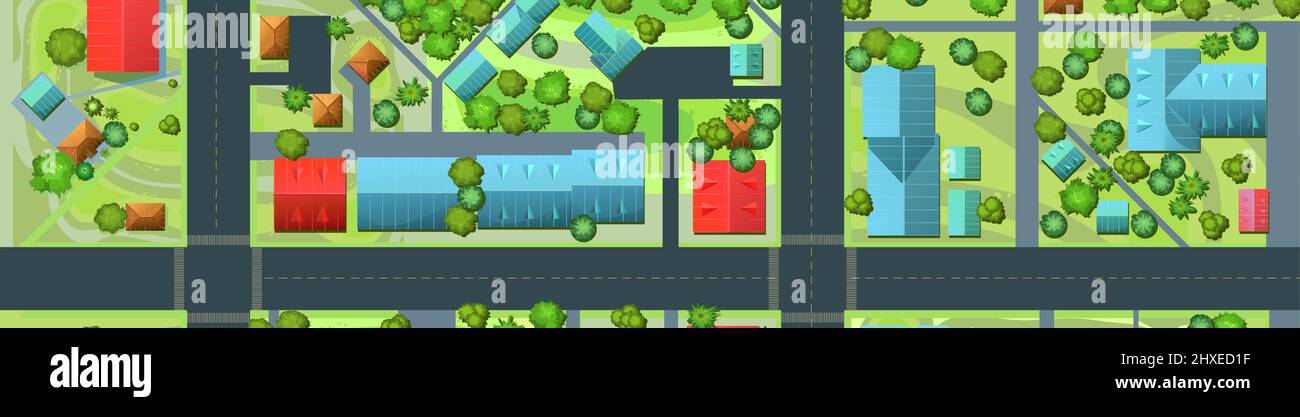 Streets of city. Top View from above. Small town house and road. Map with roads, trees and buildings. Modern car. Horizontal background image. Cartoon Stock Vector