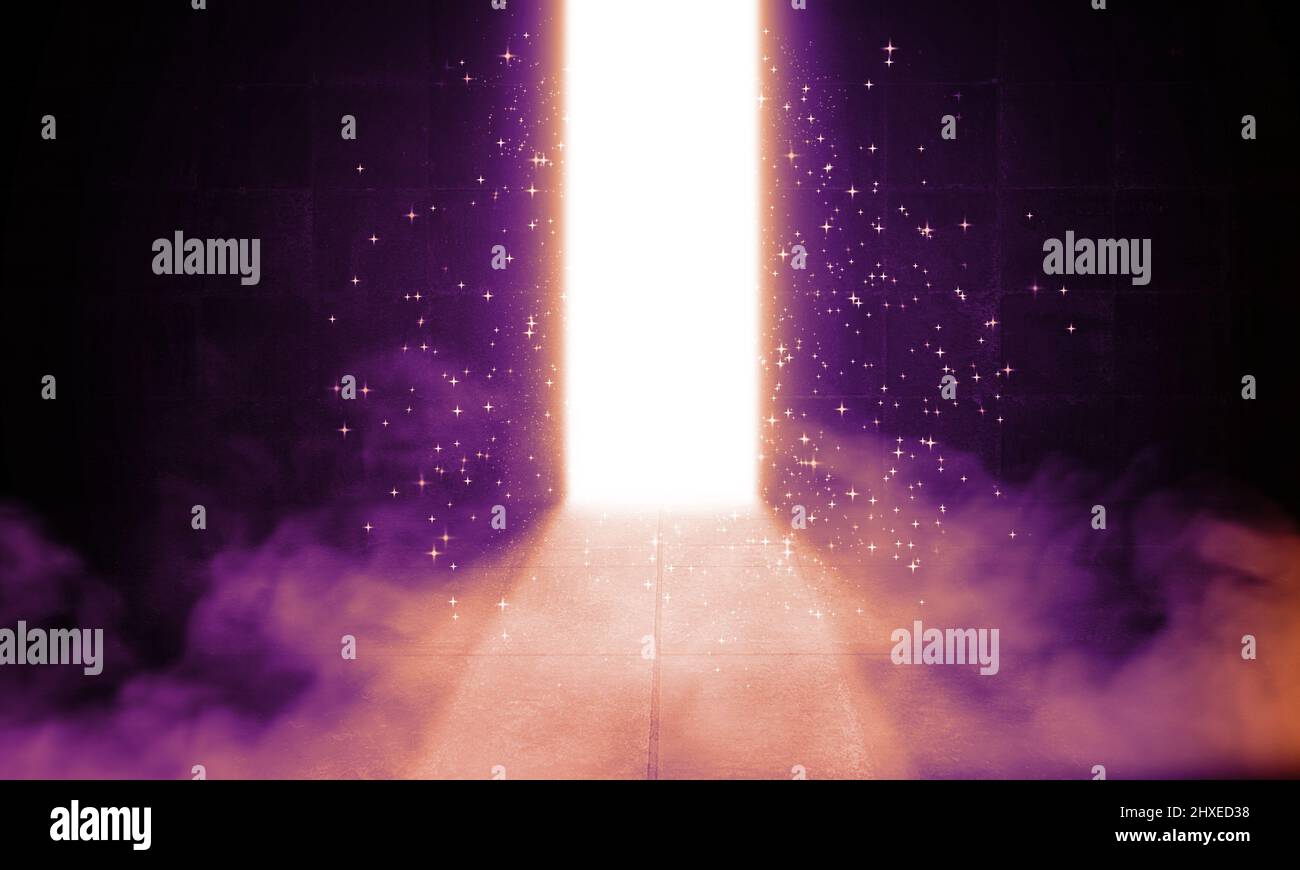 Open Starry Door with Shiny Light and Stars. Magic Foggy Doorway ...