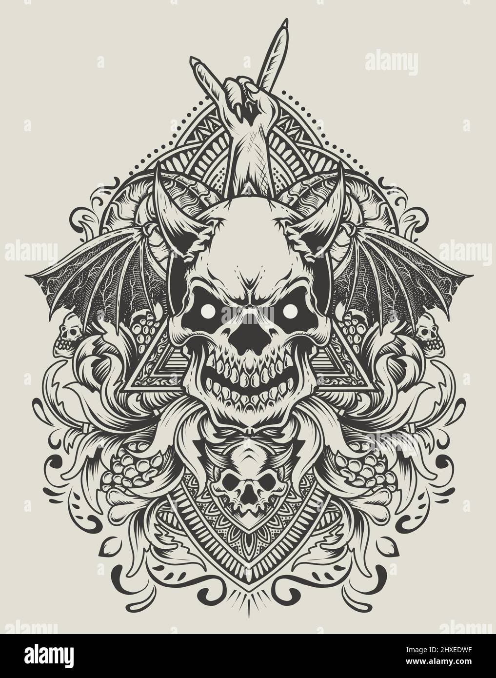 illustration demon skull head with antique engraving ornament Stock ...