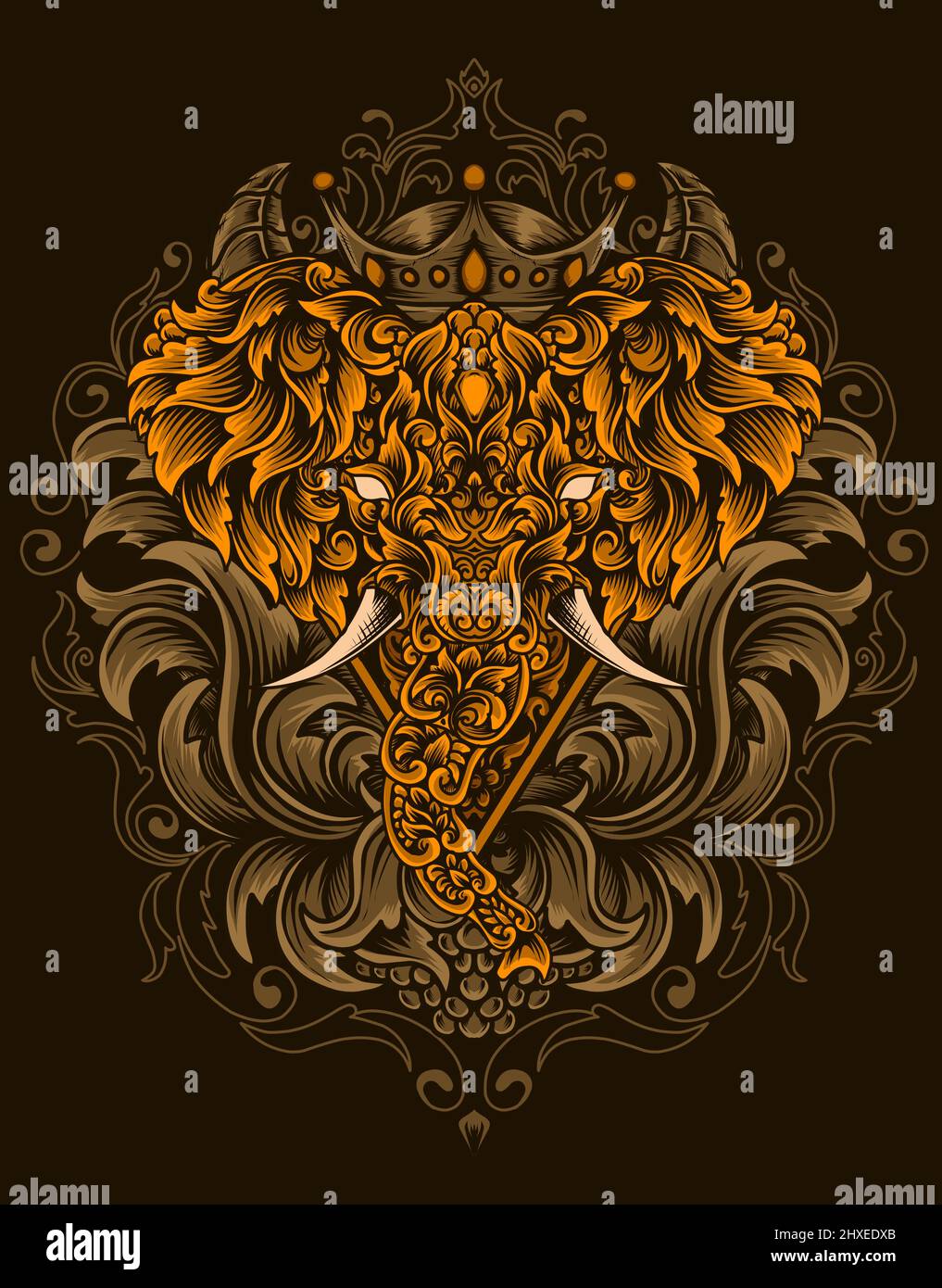 illustration vector elephant head with vintage engraving ornament style ...