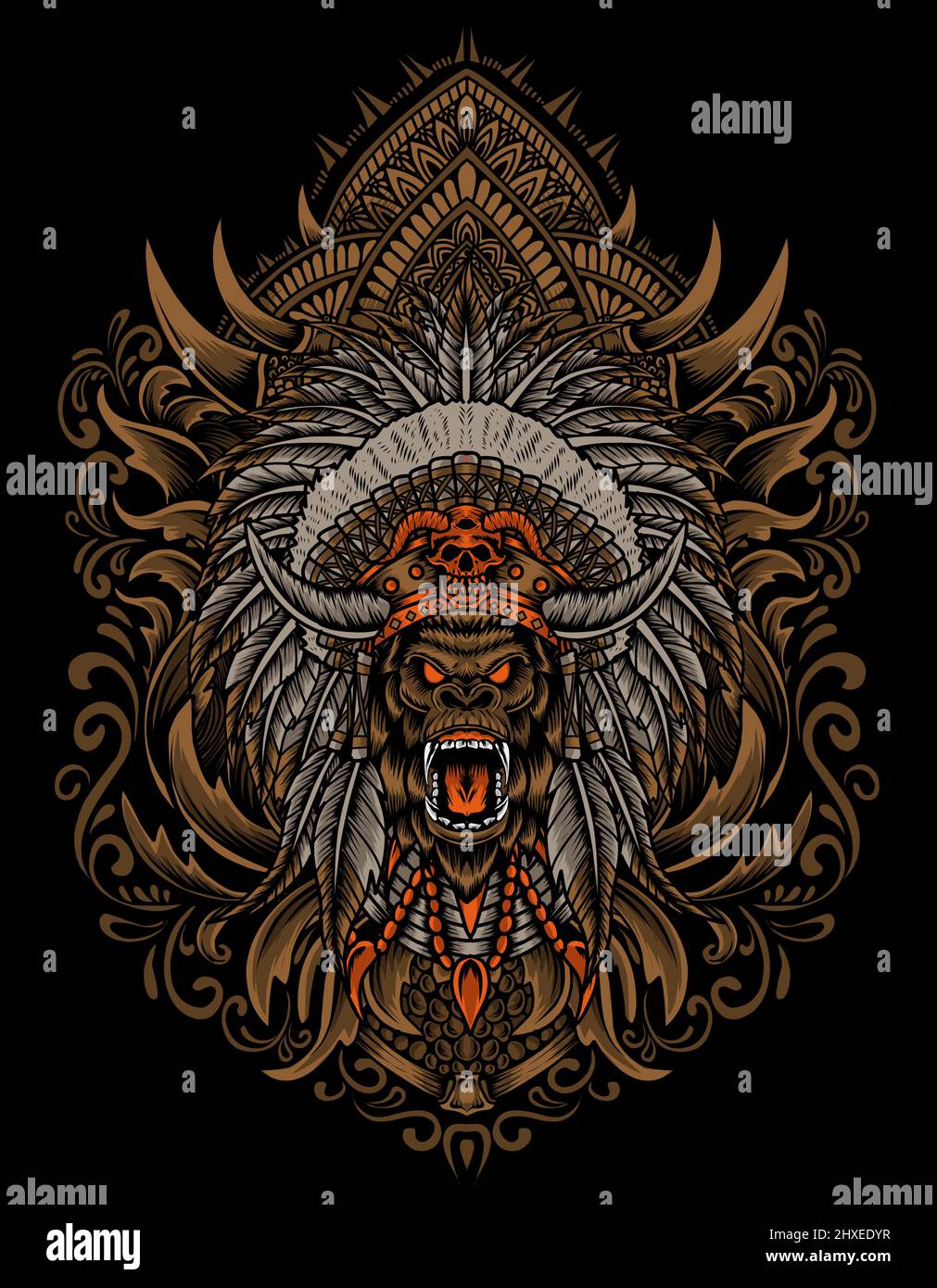 illustration vector gorilla head with engraving ornament style Stock Vector