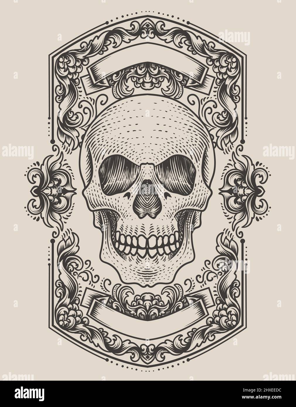 illustration skull head with antique engraving ornament Stock Vector ...