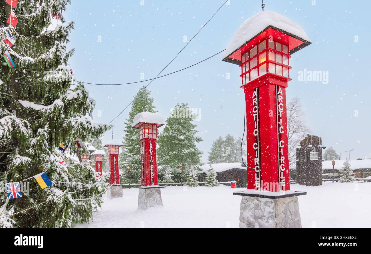 Snow in Santa Claus Village with the Arctic Circle in Rovaniemi, Lapland, Finland. Stock Photo