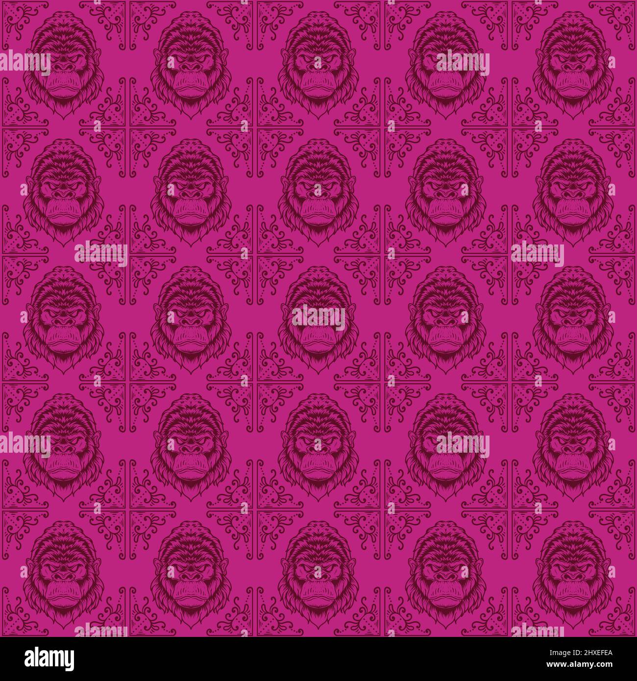 Vintage seamless floral pattern gorilla head Stock Vector