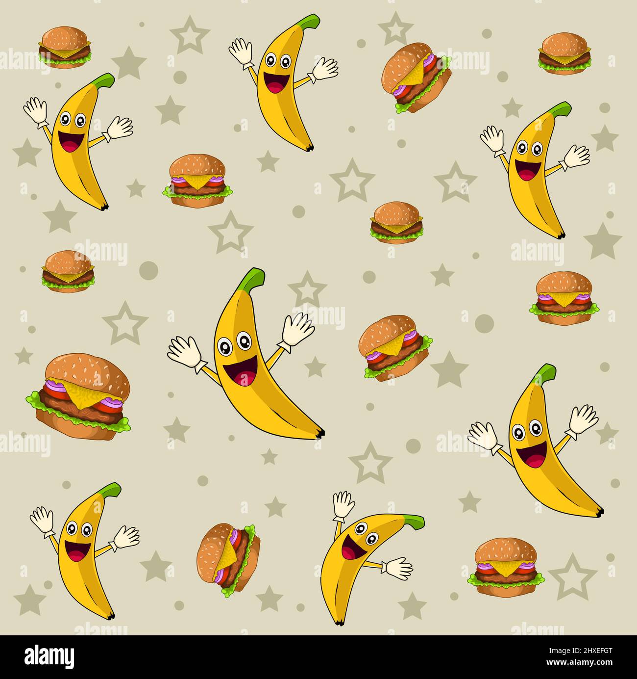 cute banana with burger seamless pattern Stock Vector