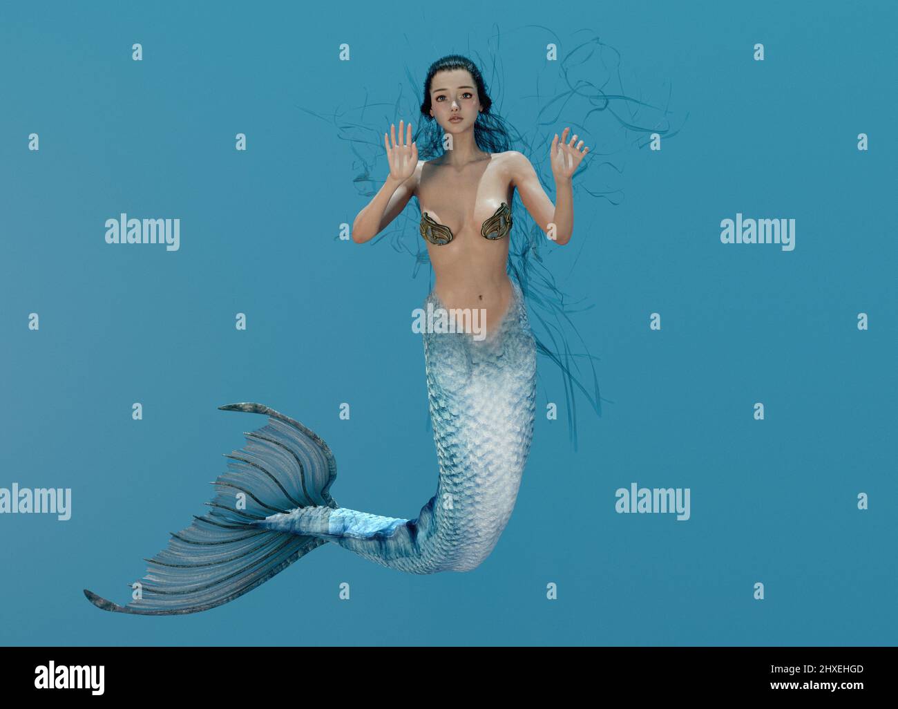 3D render: a mermaid creature is swimming on the white background, isolated Stock Photo