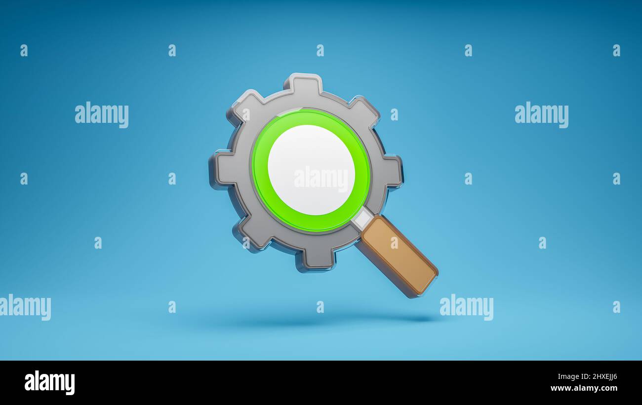 Search optimization, magnifying glass sign. 3d icon in blue background. 3d rendering Stock Photo