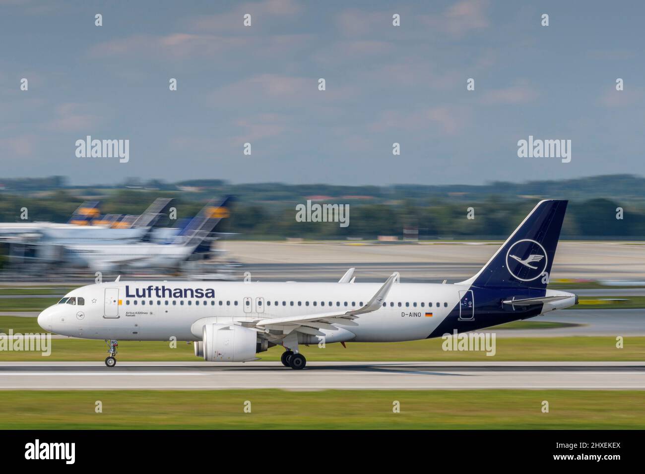 Munich, Germany - September 12. 2021: Lufthansa Airbus A320-271N with the aircraft registration D-AINO is starting on the southern runway 26L of the M Stock Photo