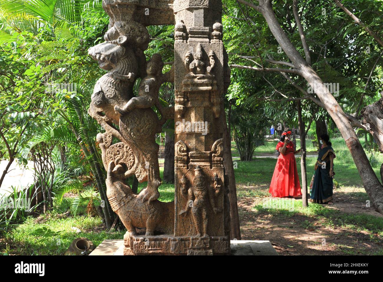 Pondicherry, India - 14 December 2021: Carved stone pillar in Bharathi Park Stock Photo