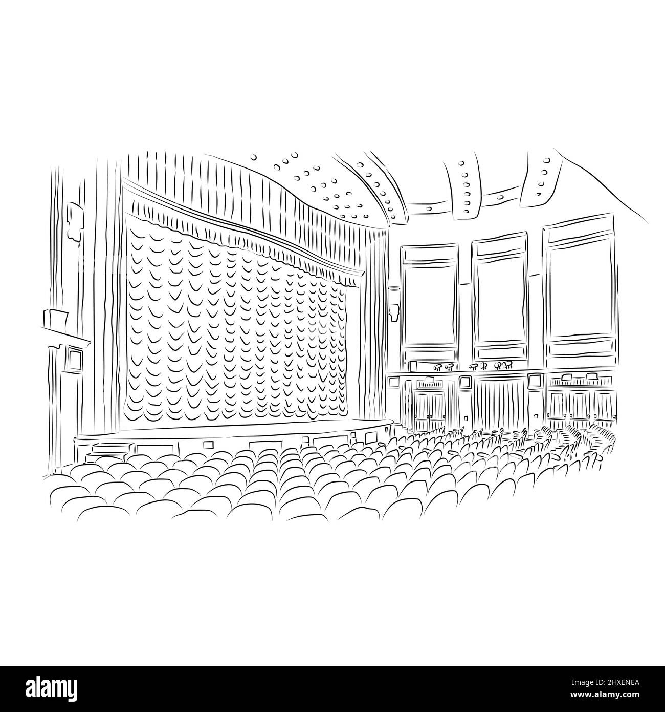 Scene in a movie theater or theater with a curtain. Pencil drawing