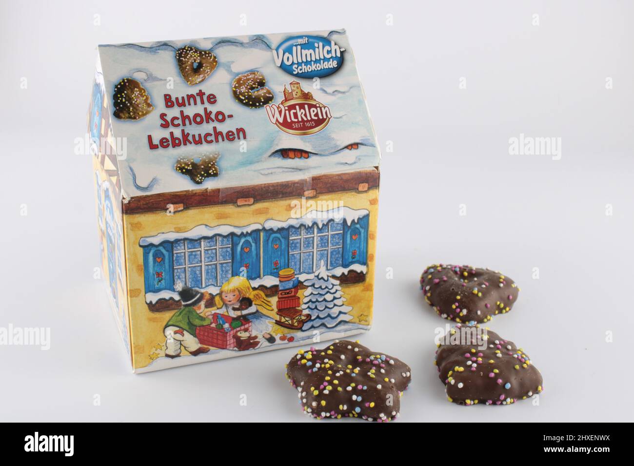 A christmas winter house box of Wicklein Chocolate Gingerbread  Cookies  with copy space Stock Photo