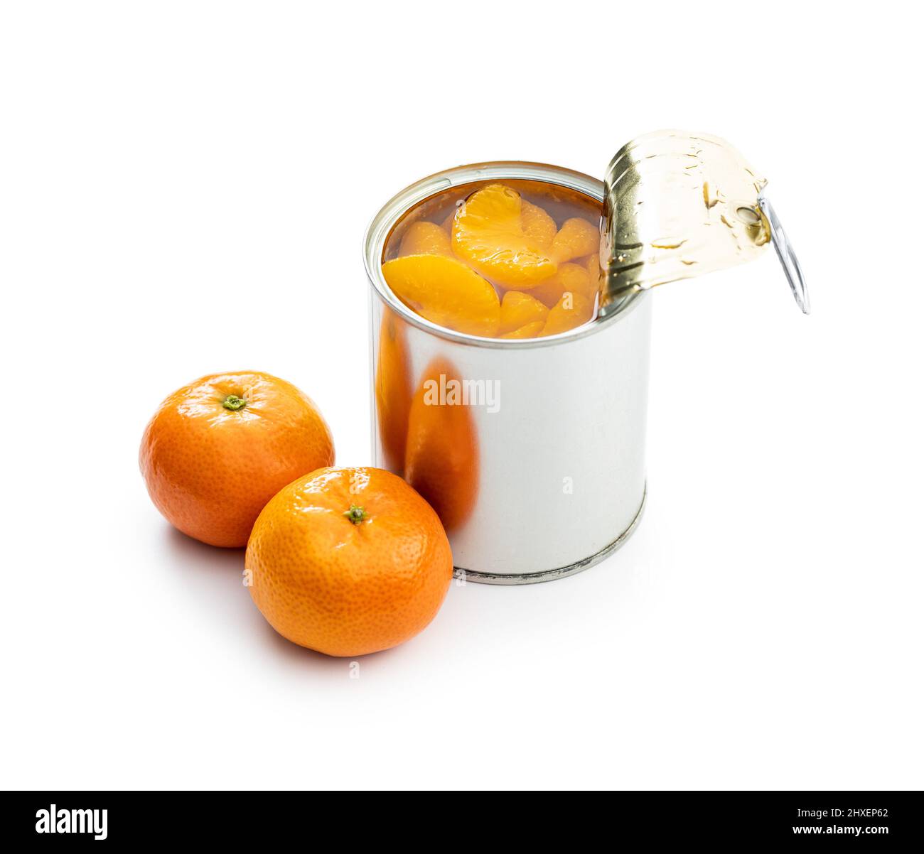 Canned tangerine. Pickled mandarin fruit in can isolated on a white