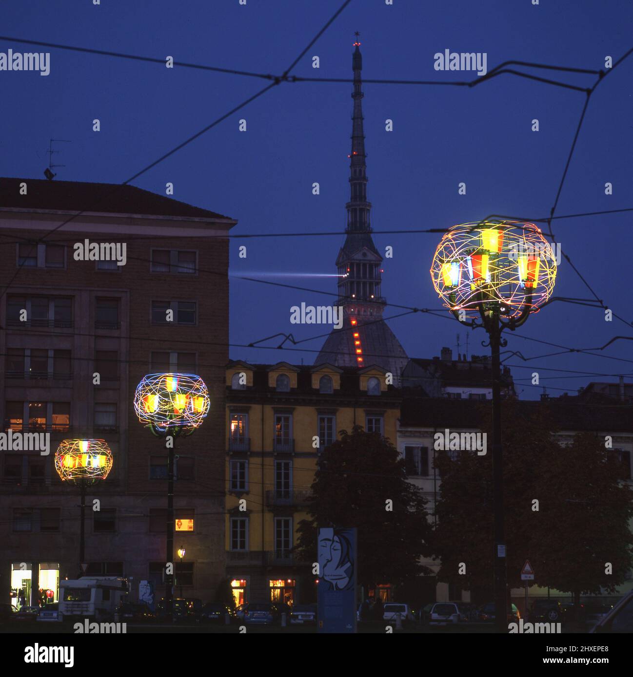 Turin, Italy - December 2005: Artist's Light. Installation by Nicola de Maria in piazza Carlina. Stock Photo