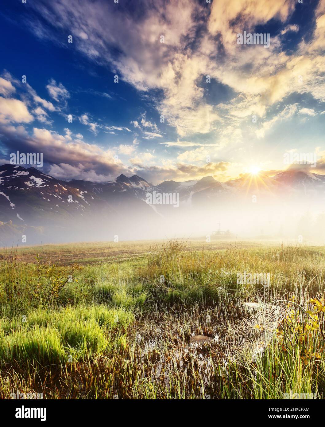 A great view of the foggy field and green grass glowing by sunlight. Dramatic and picturesque morning scene. Location place: High Alpine Road, Austria Stock Photo