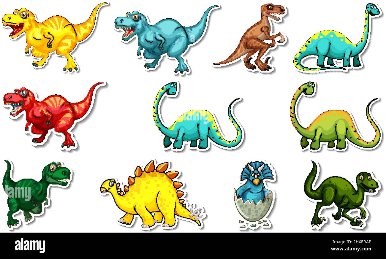 Sticker set with different types of dinosaurs cartoon characters illustration Stock Vector