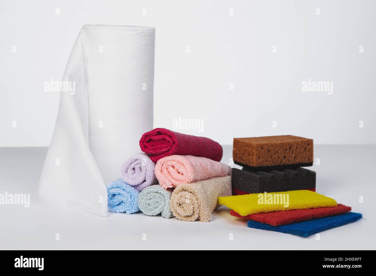 microfiber rags and sponges for cleaningon a white background, a place ...