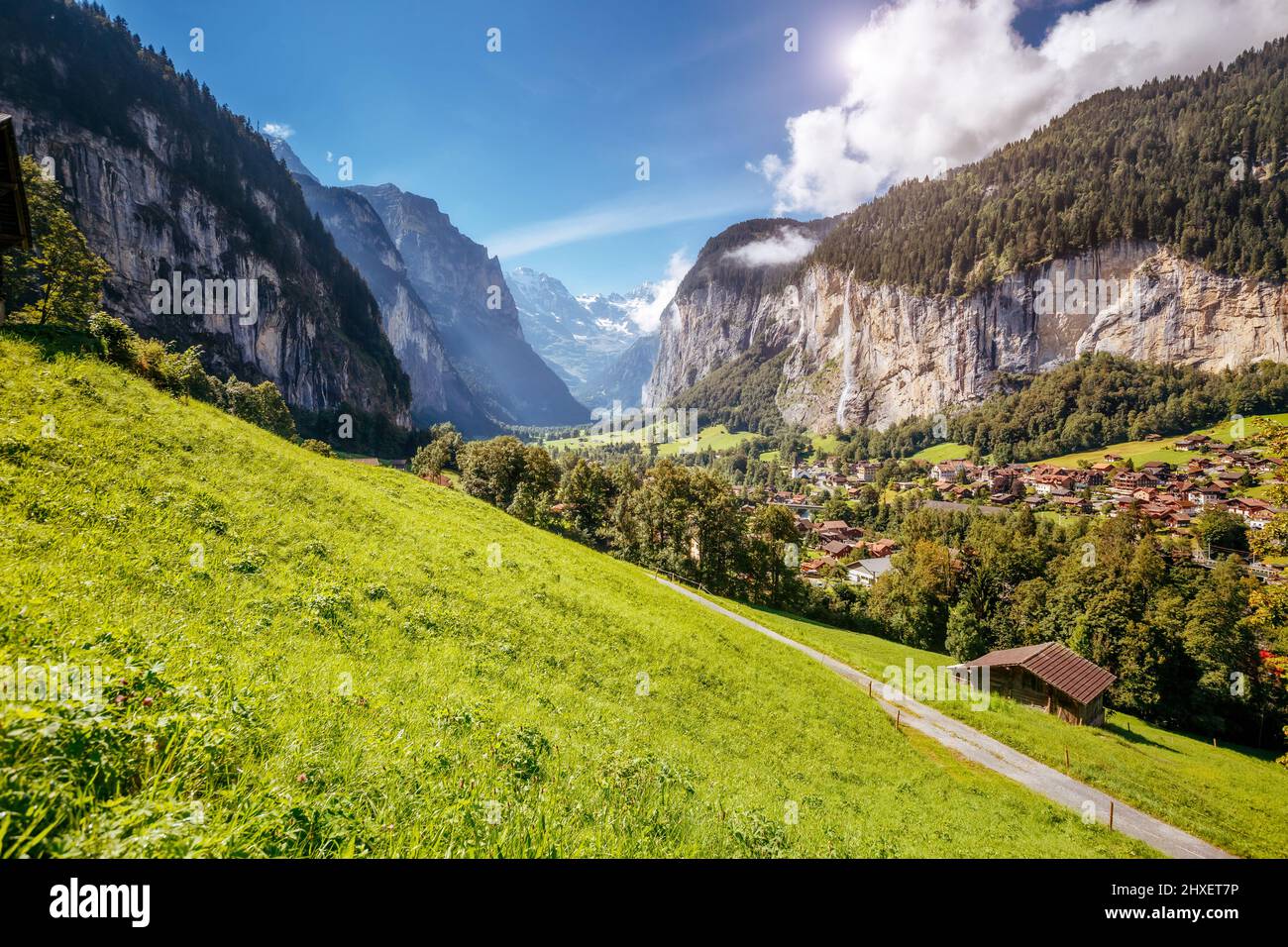 Majestic view of alpine village glowing by sunlight. Picturesque and ...