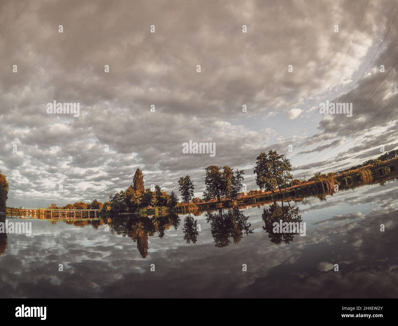 Landscape lake mooring reflecting mirror sky Stock Photo