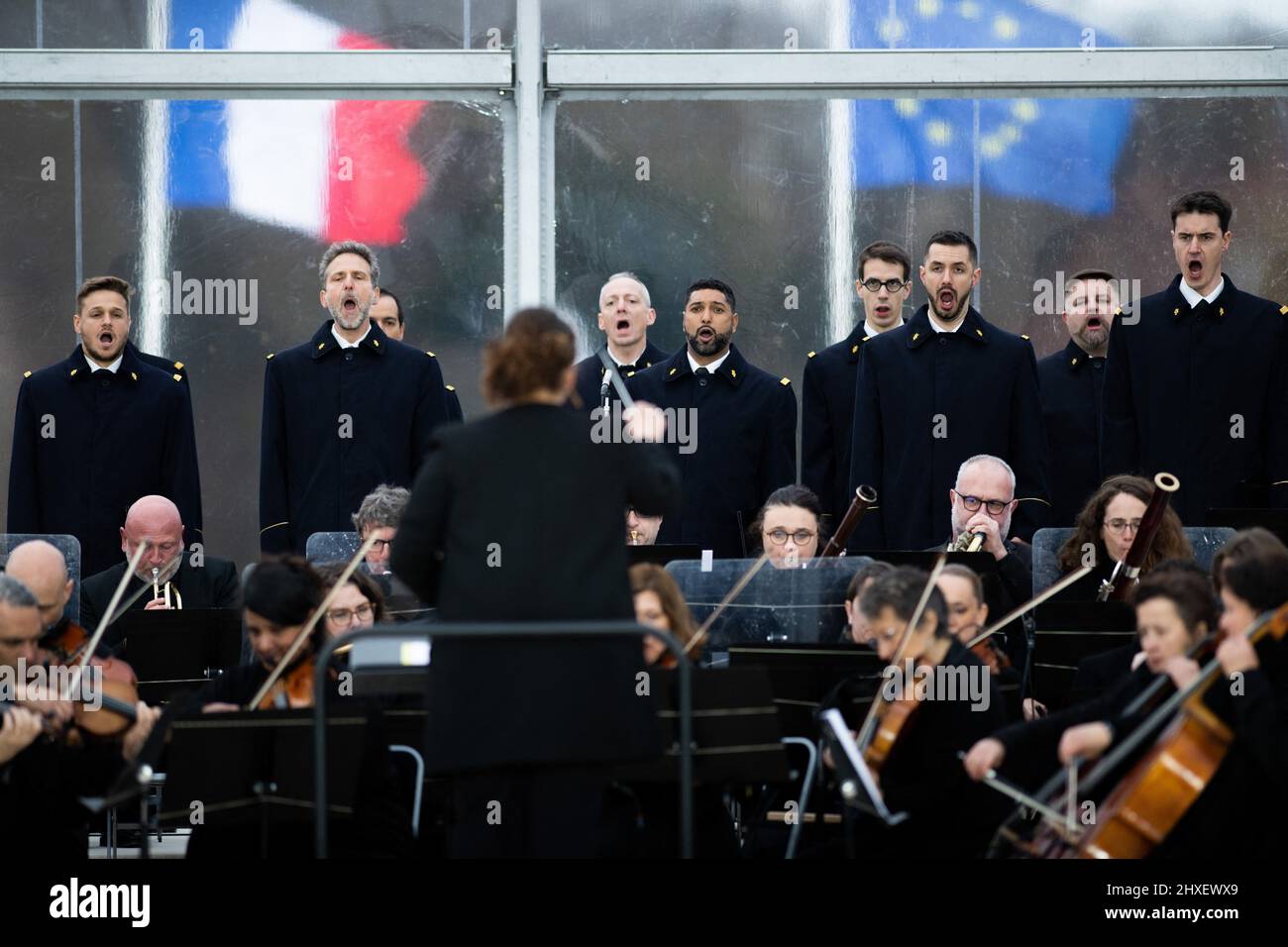 Ceremony for the national and European day in tribute to the victims of terrorism at the Grand Trianon in Versailles, France on March 11, 2022. The date of March 11, chosen by the European Union as the date of joint commemoration, refers to the attack committed at the Atocha train station in Madrid on March 11, 2004. Photo by Jeanne Accorsini/Pool/ABACAPRESS.COM Stock Photo