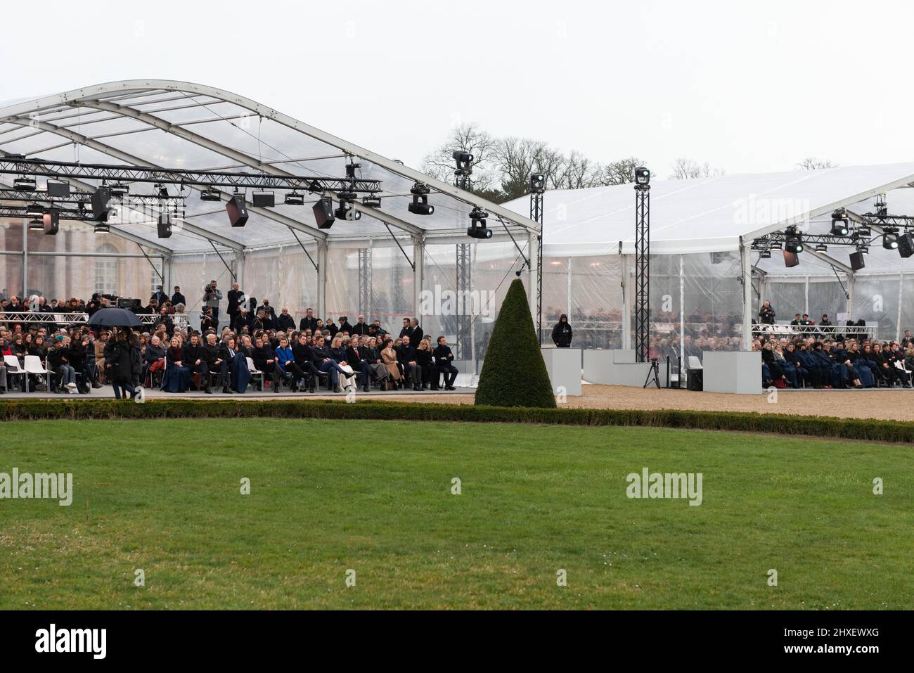 Ceremony for the national and European day in tribute to the victims of terrorism at the Grand Trianon in Versailles, France on March 11, 2022. The date of March 11, chosen by the European Union as the date of joint commemoration, refers to the attack committed at the Atocha train station in Madrid on March 11, 2004. Photo by Jeanne Accorsini/Pool/ABACAPRESS.COM Stock Photo