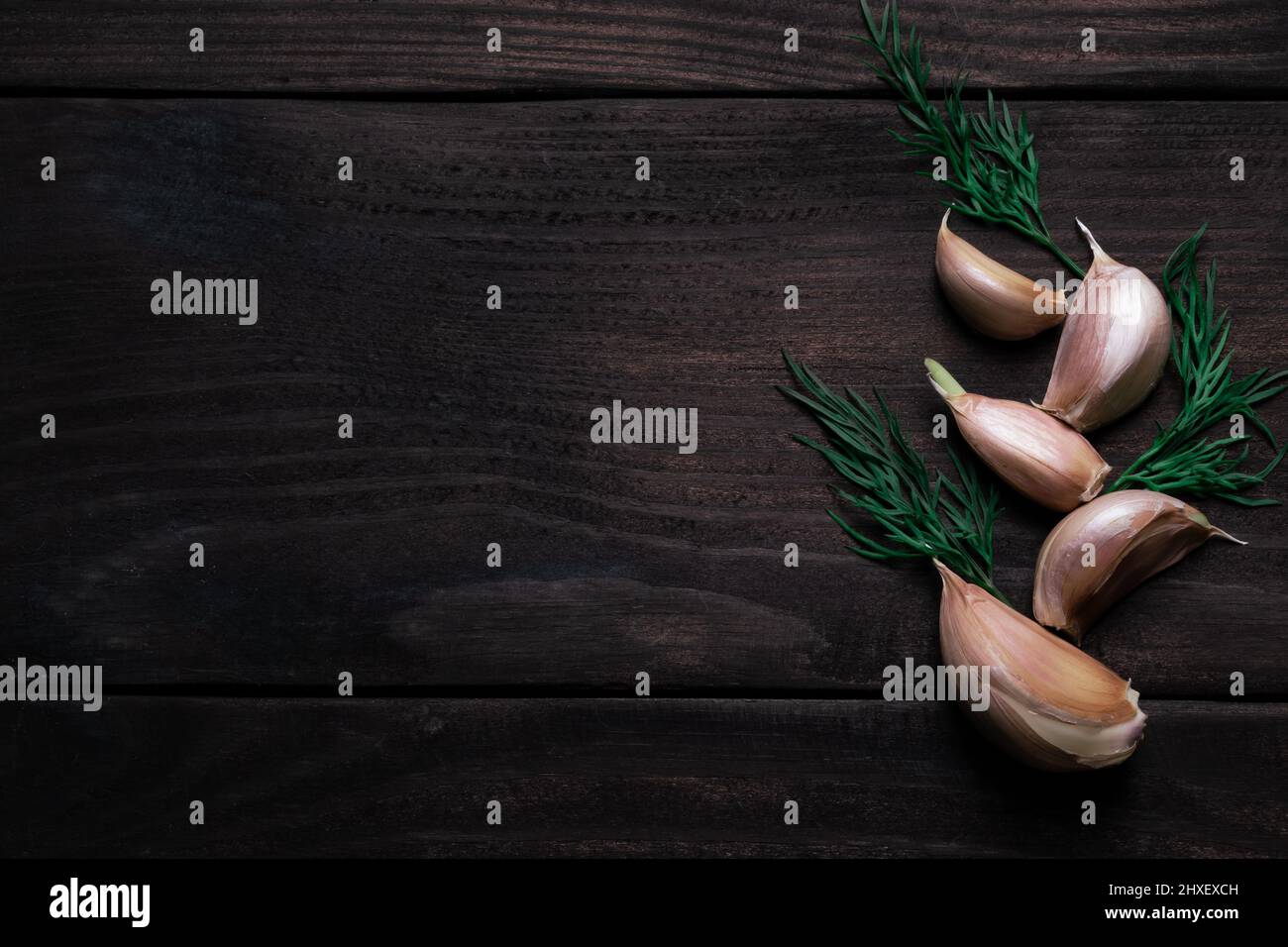 Garlic cloves and dill on dark wood texture. Space for text. Top view ...