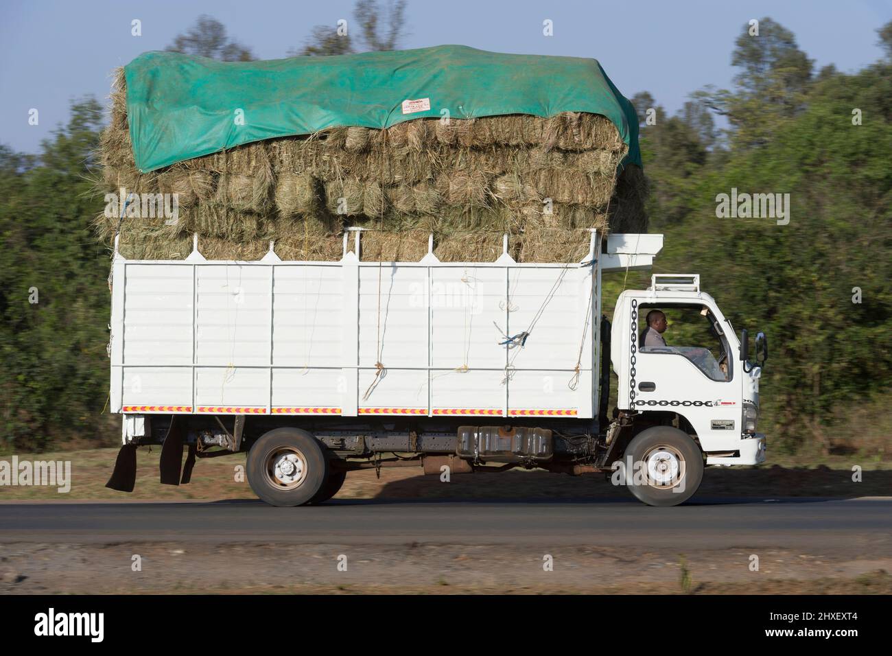 A lorry transporting a large load of hay, Magadi Road, Langata, Nairobi, KEN.  7 Mar 2022 Stock Photo