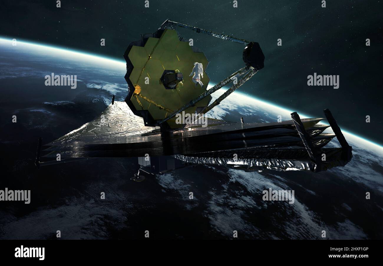 Astronaut examines the James b telescope. JWST launch art. Elements