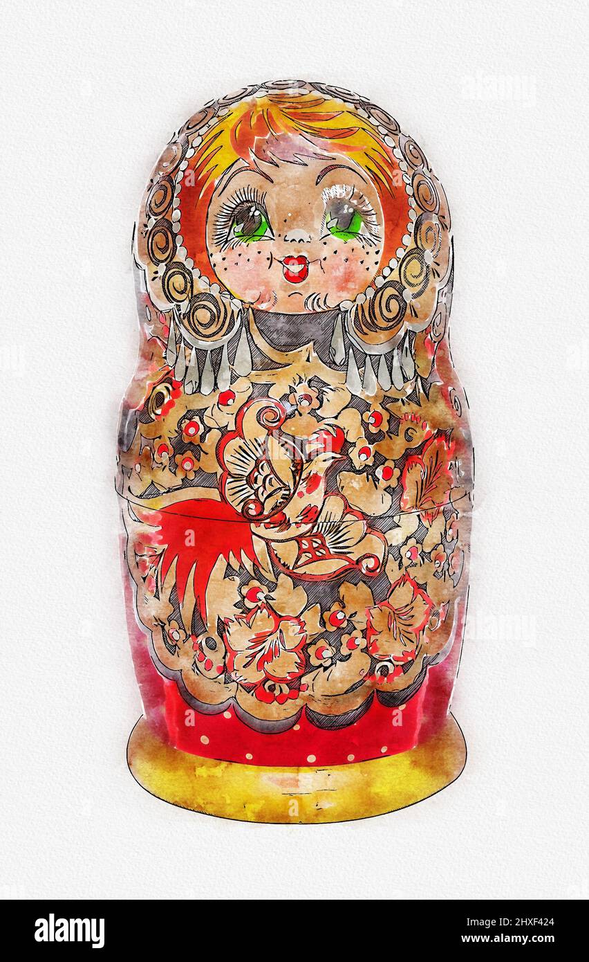 Digital watercolor painting of traditional russian wooden doll matreshka Stock Photo