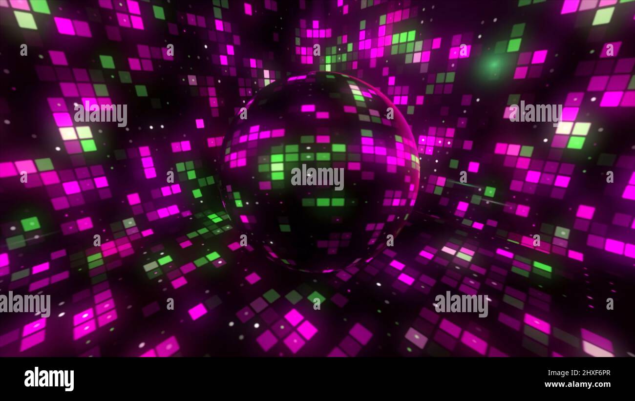 Abstract slowly spinning disco ball reflecting colorful squares. Motion