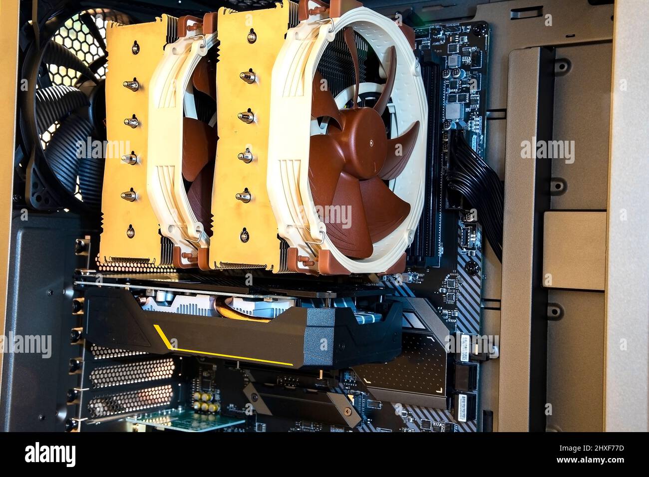 The modern desktop computer inside. Processor with big fans and video