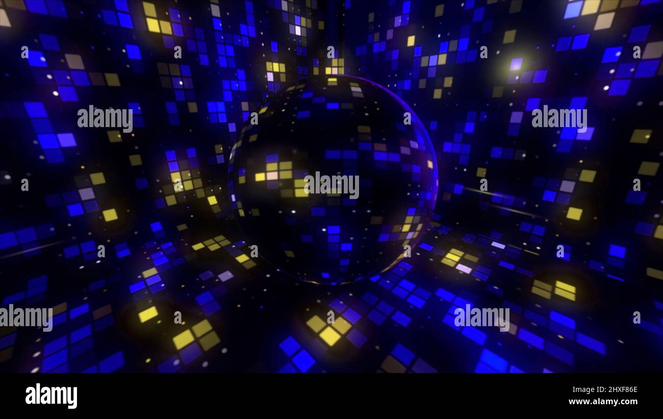 Abstract slowly spinning disco ball reflecting colorful squares. Motion