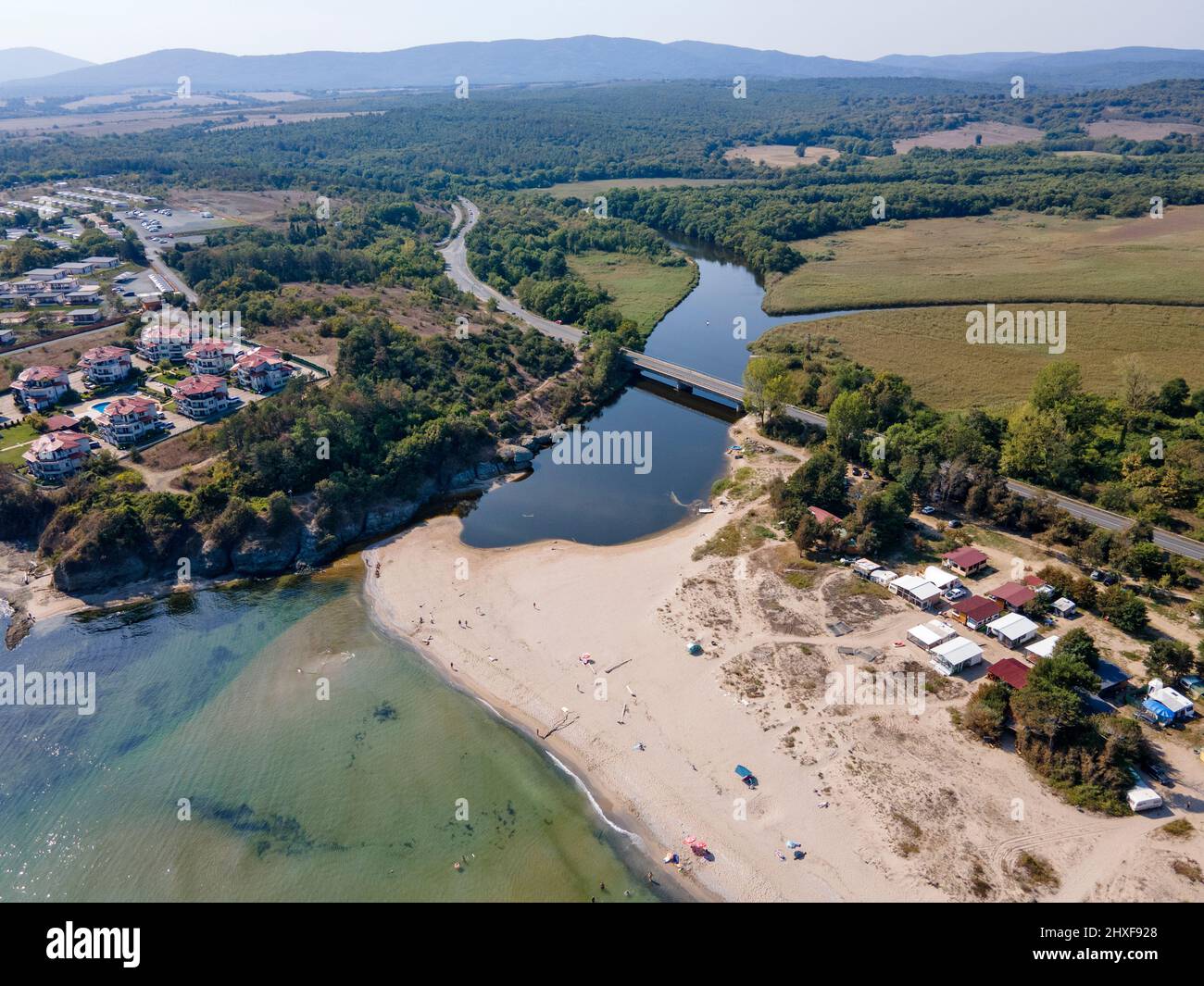 Amazing Aerial view of South Beach of town of Kiten, Burgas Region, Bulgaria Stock Photo