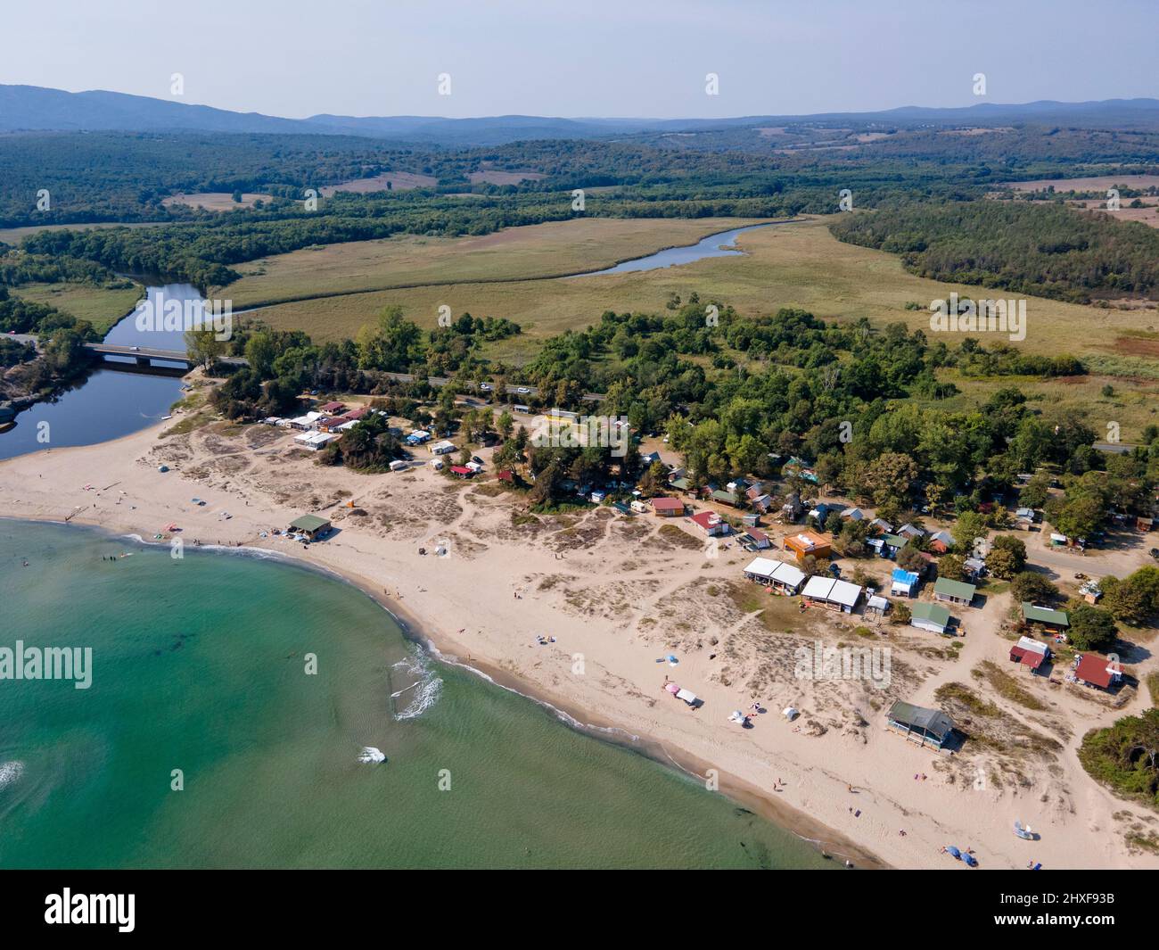 Amazing Aerial view of South Beach of town of Kiten, Burgas Region, Bulgaria Stock Photo