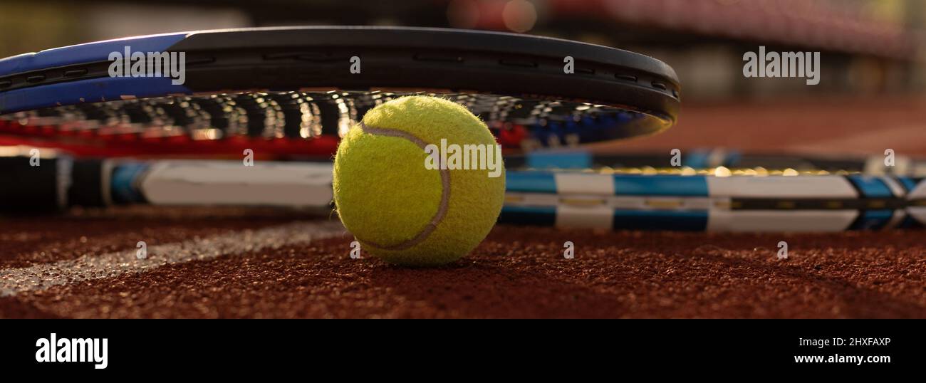 A tennis racket and new tennis ball on a freshly painted tennis court