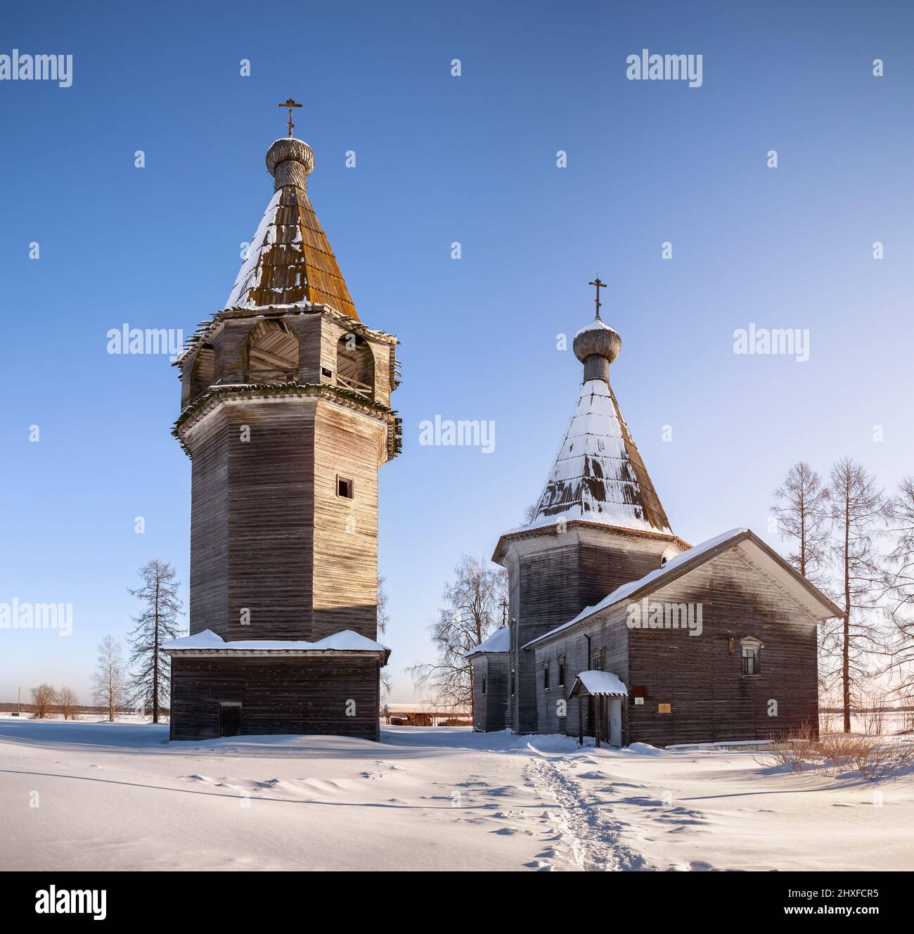 Ancient wooden tent church of the Epiphany in the village of Pogost, Arkhangelsk region, Russia Stock Photo