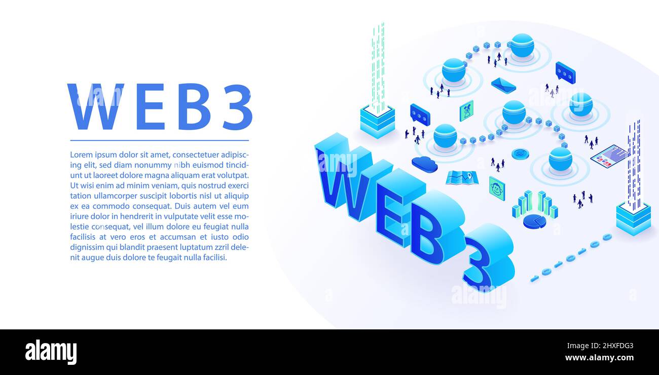 Web 3.0 isometric vector infographic. Wide banner illustration in blue and white. Stock Vector