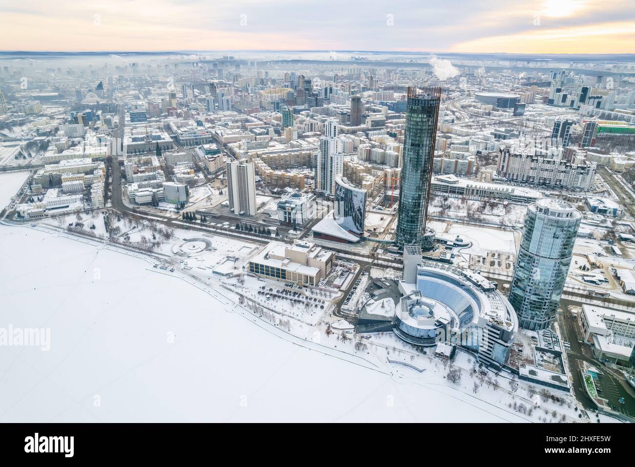 Yekaterinburg aerial panoramic view in Winter at sunset. Yekaterinburg ...