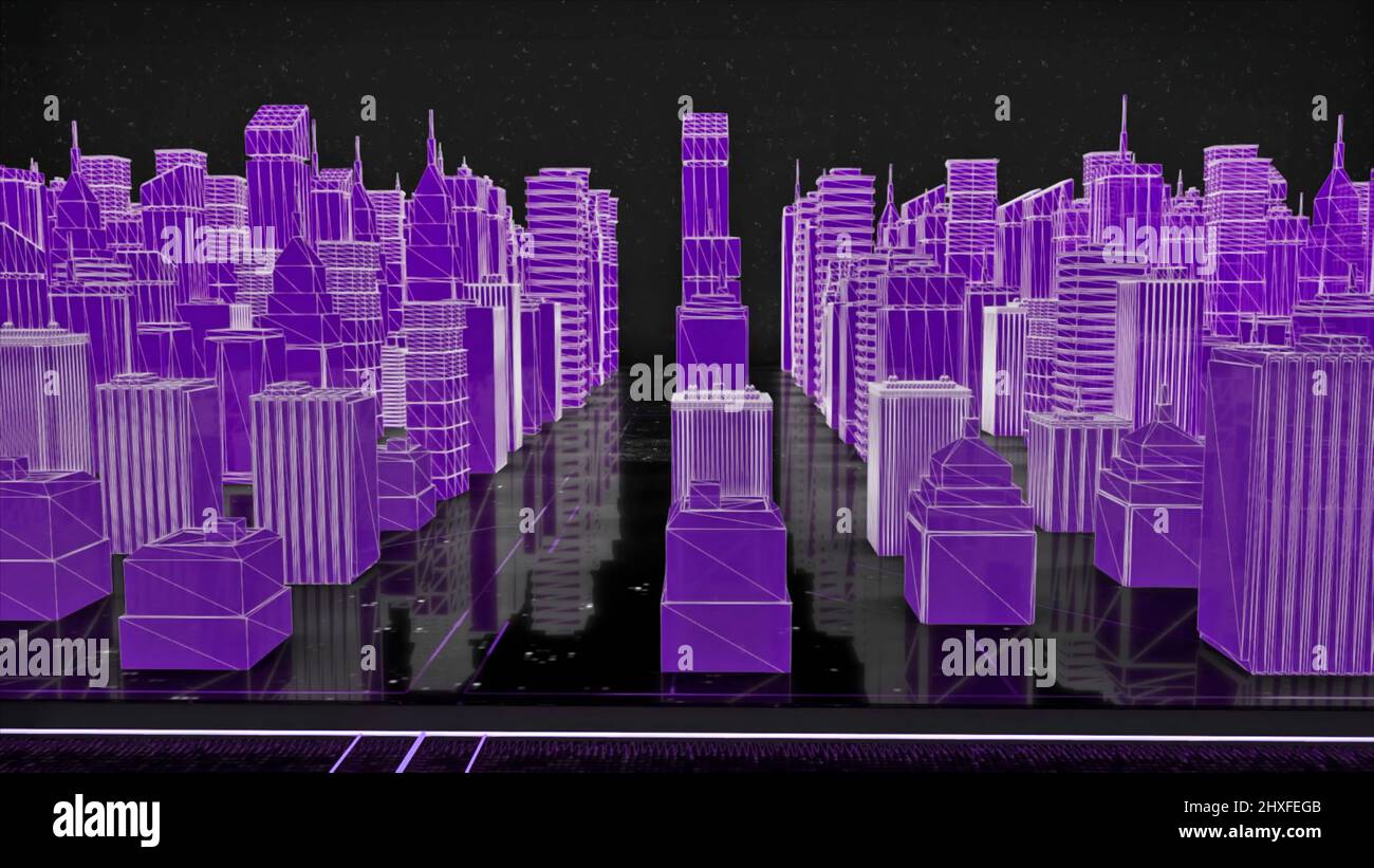 Abstract colorful constructions of a colorful city 3D layout. Animation. Flying above skyscrapers and buildings of a digital town. Stock Photo