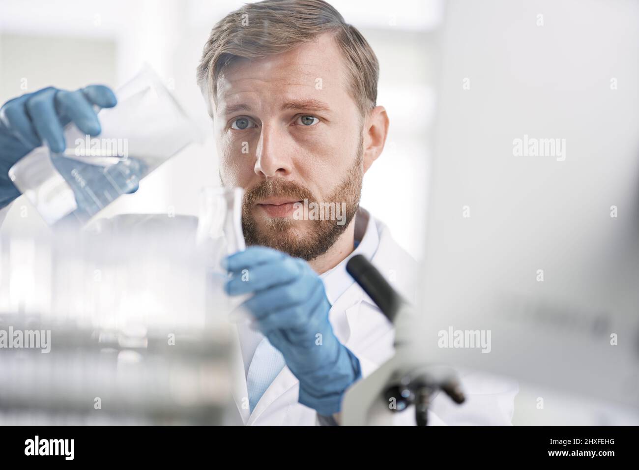 scientist examining liquid samples in the laboratory. Stock Photo