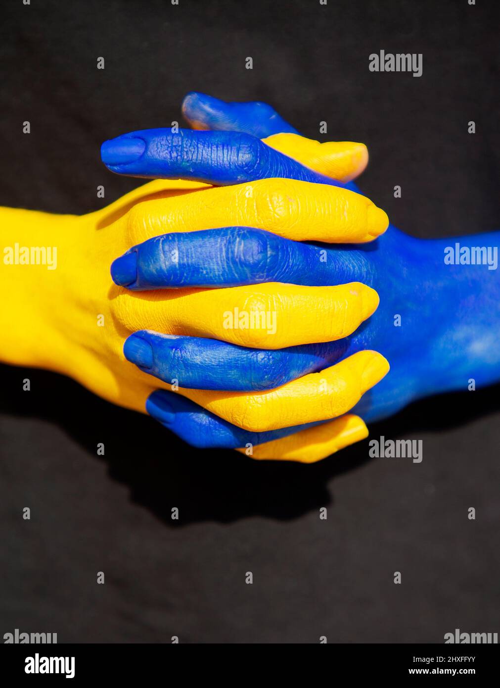 women's hands intertwined in fingers are painted in the yellow and blue colors of the Ukrainian flag. willingness to fight for freedom and national in Stock Photo