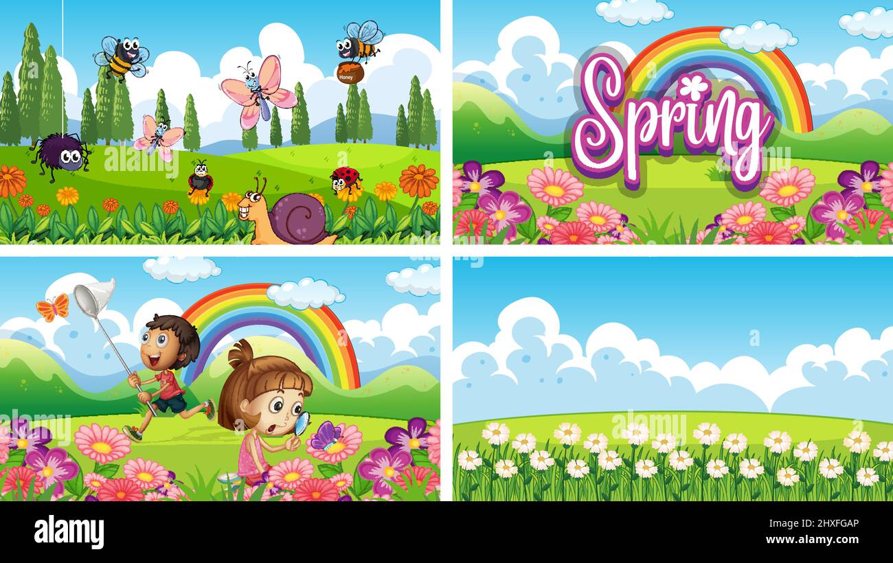 Four background scenes with children and animals in the park illustration  Stock Vector Image & Art - Alamy