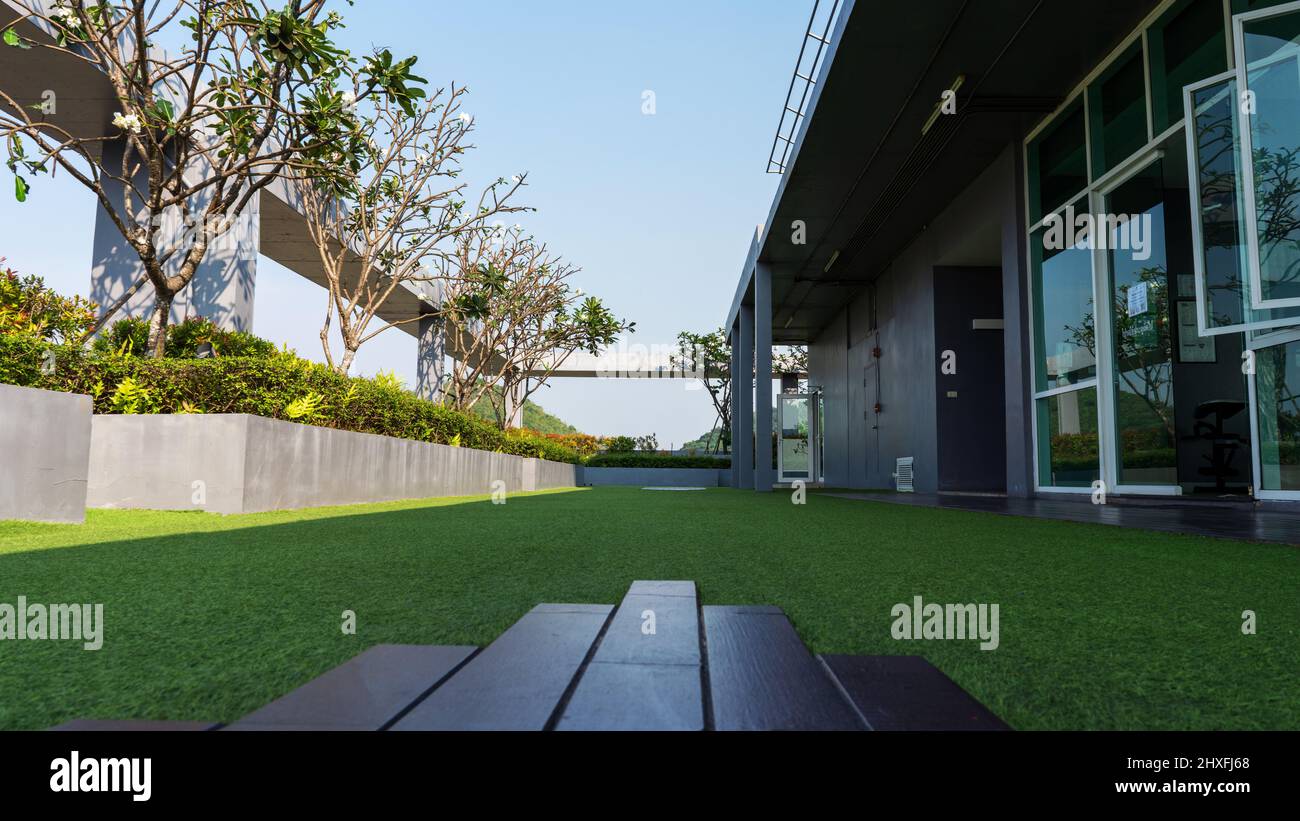 View of Sky garden on private rooftop of condominium or hotel rooftop, high ...