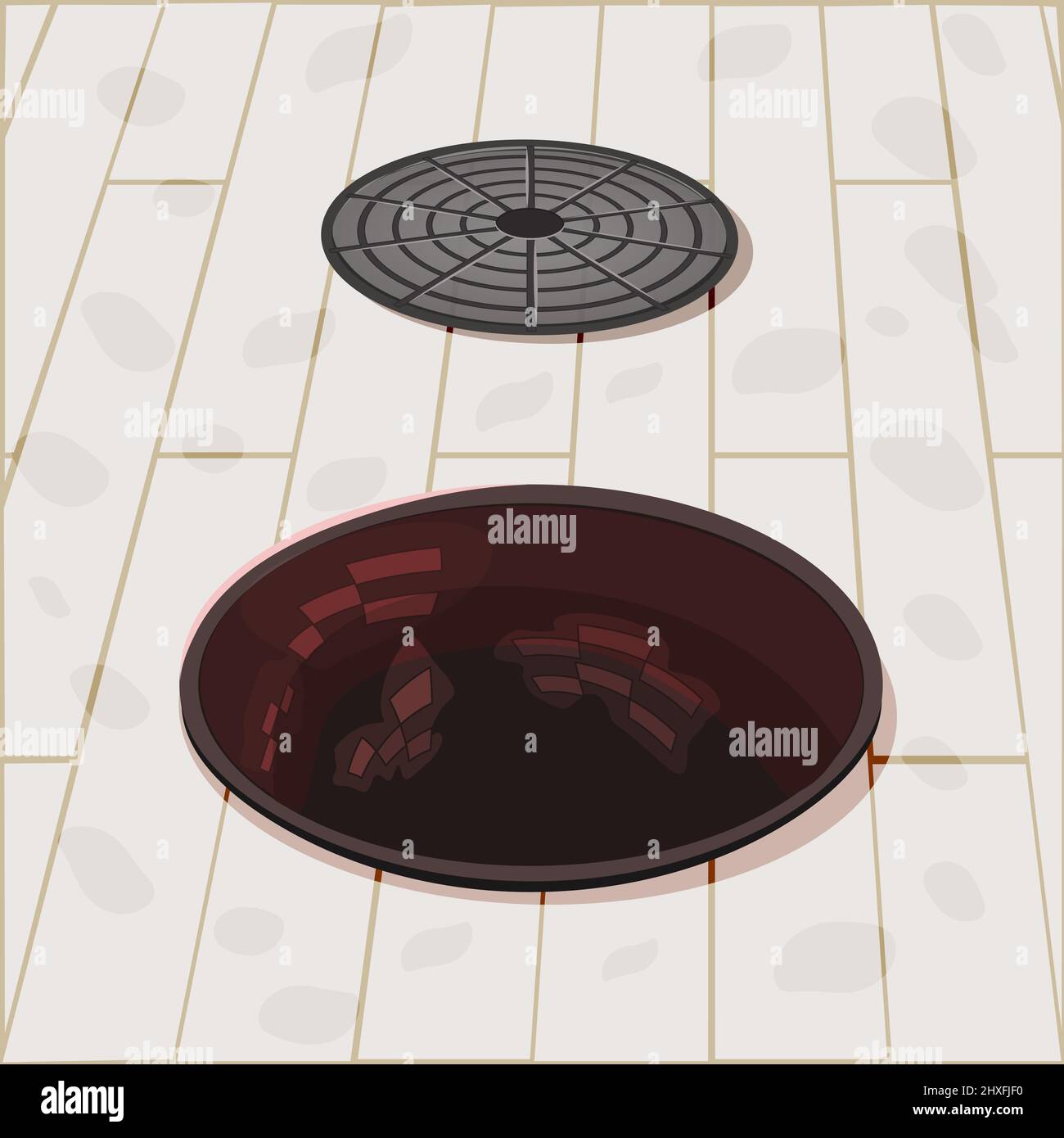 Open manhole on sidewalk. Opened sewer cover on street. Dangerous sewer hatchway without lid. Road works and urban infrastructure. Vector illustration Stock Vector