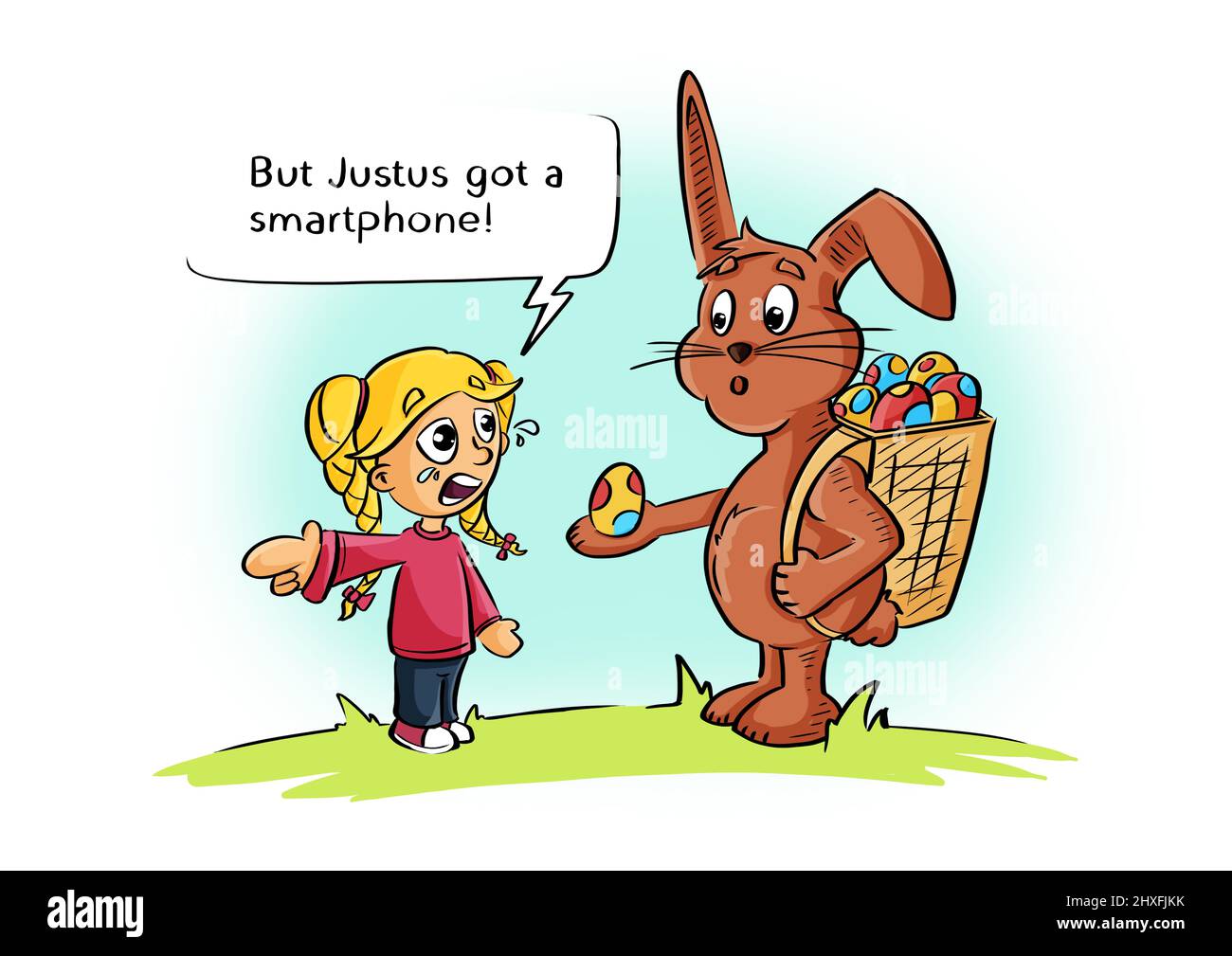 Comic Easter Rabbits Easter bunny gives Easter egg at Easter (Comic/ Cartoon Stock Photo - Alamy