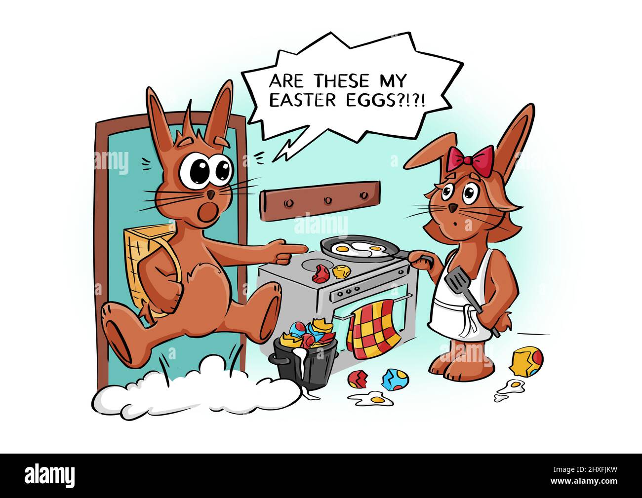 Comic Easter Rabbits Rabbit woman makes fried eggs from the Easter bunny's Easter eggs ...