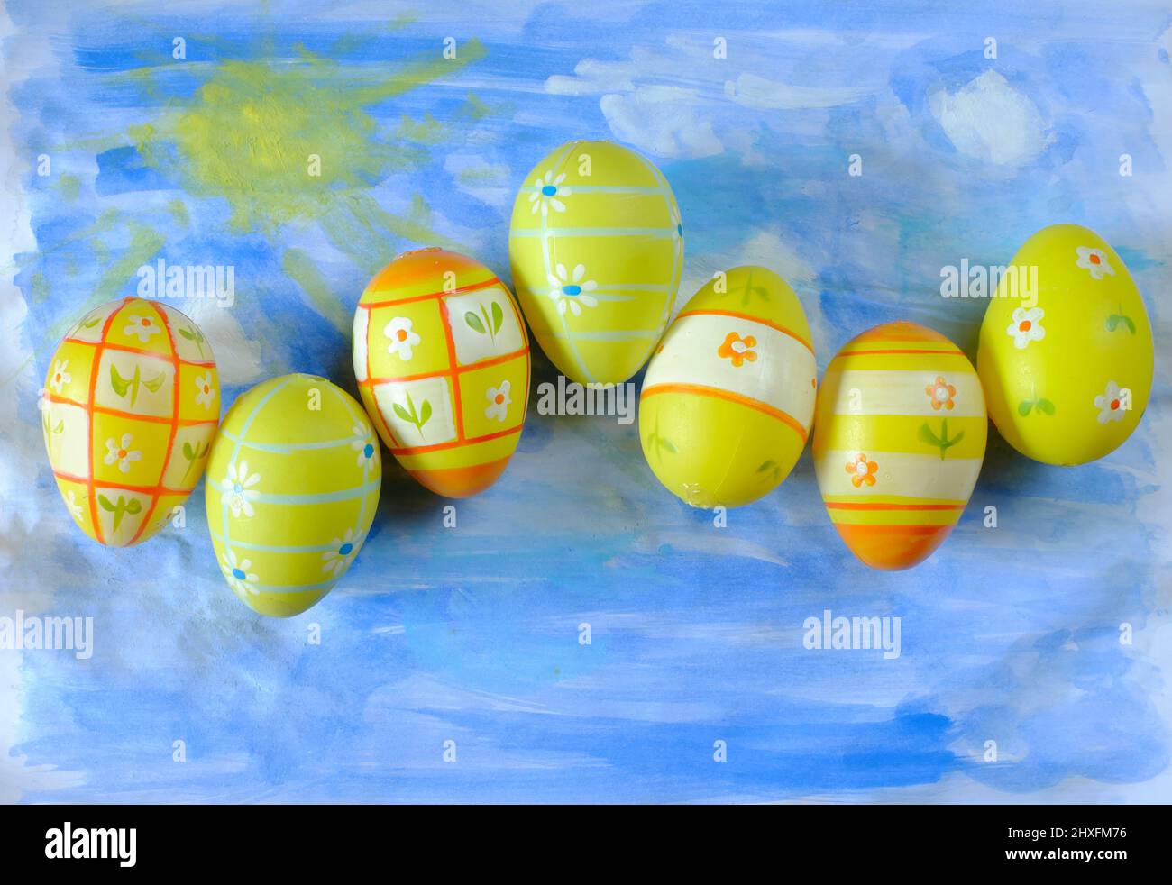easter eggs in a row, happy easter design template, free copy space Stock Photo