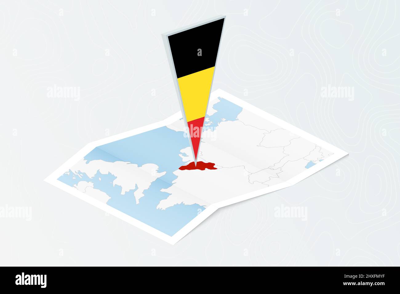 Isometric paper map of Belgium with triangular flag of Belgium in isometric style. Map on topographic background. Vector illustration. Stock Vector