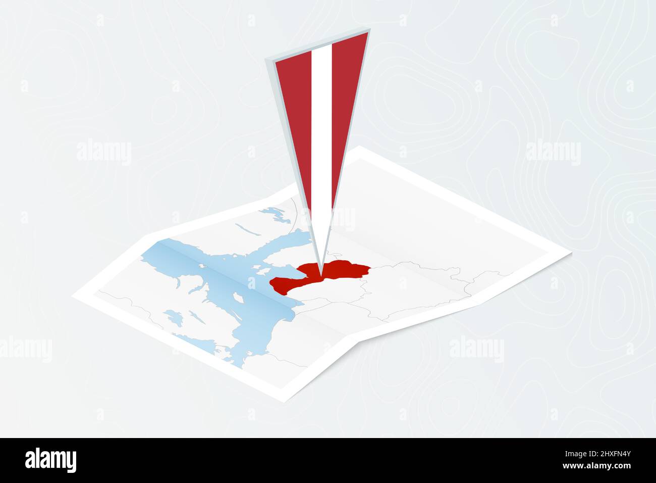 Isometric paper map of Latvia with triangular flag of Latvia in isometric style. Map on topographic background. Vector illustration. Stock Vector