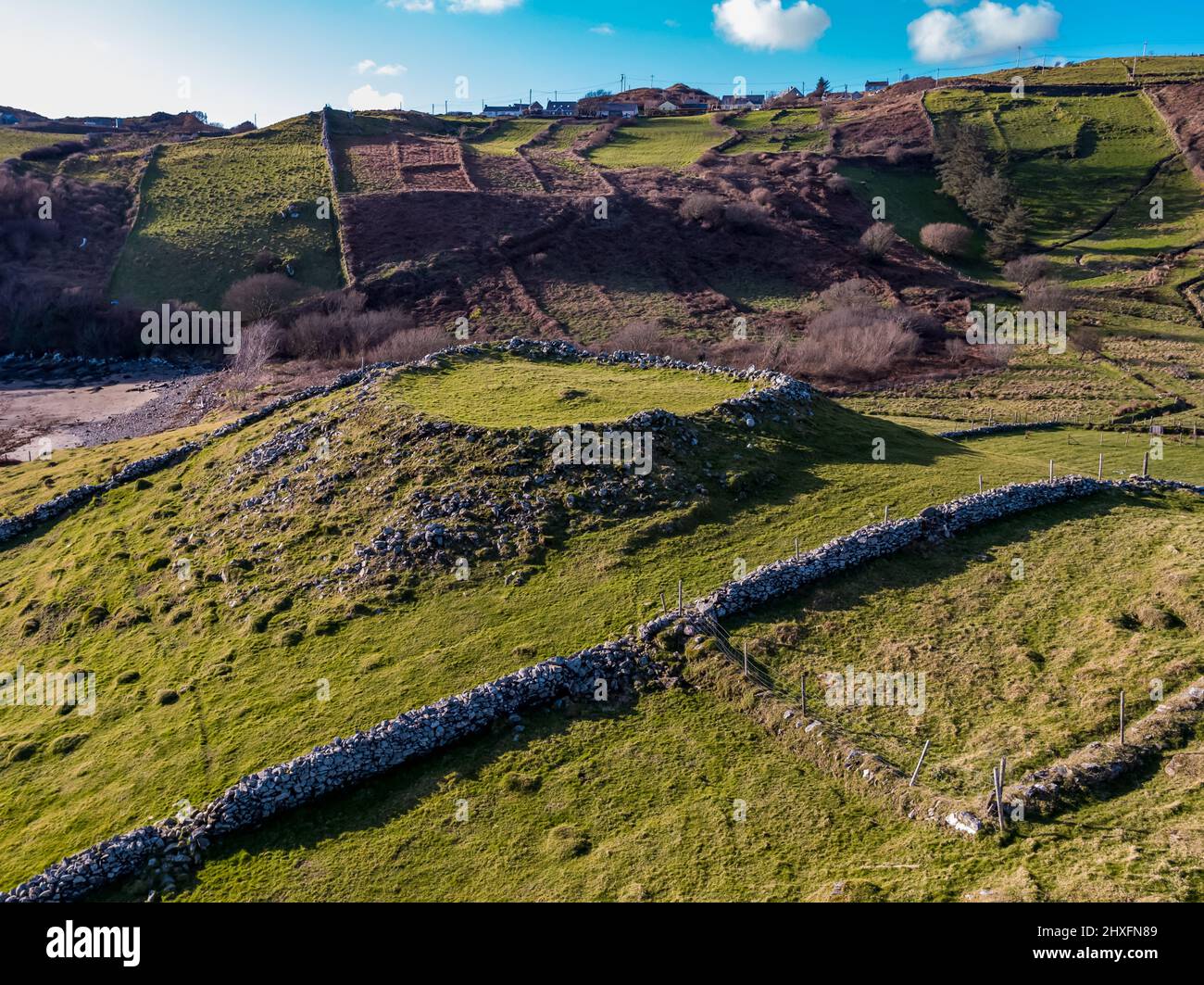 Aerial view of historic Ringfort by Kilcar in County Donegal - Ireland. Stock Photo