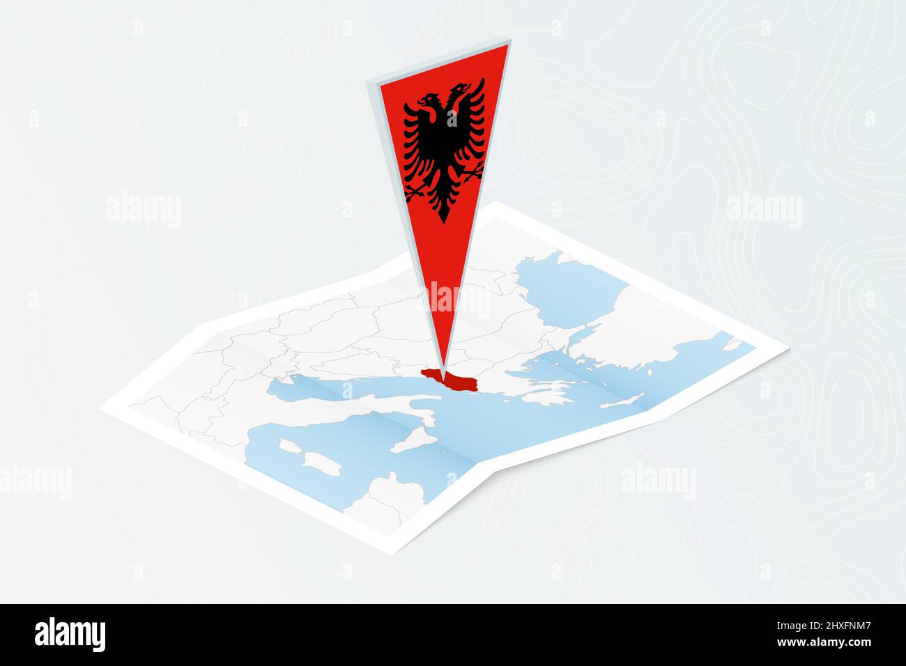 Isometric paper map of Albania with triangular flag of Albania in isometric style. Map on topographic background. Vector illustration. Stock Vector